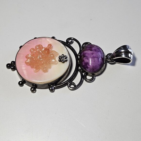 **Sale** Sterling Silver Mother Of Pearl And Purple Semiprecious Gemstone - Picture 9 of 10